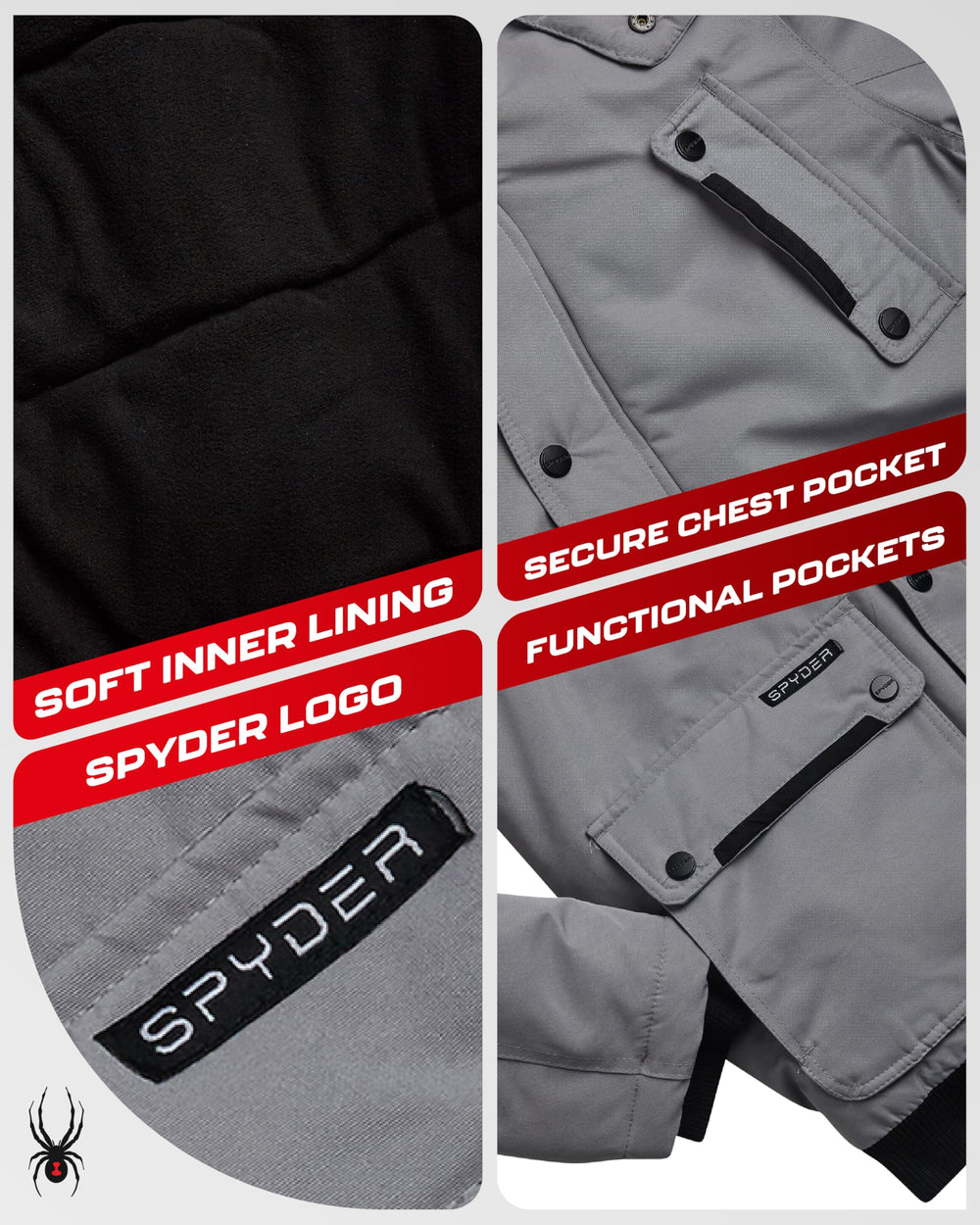 Spyder puffer side-hood view highlights secure, weather-ready fit
