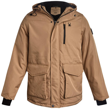 Spyder mens winter coat parka front view khaki offers versatile warmth and modern style.