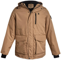 Spyder mens winter coat parka front view khaki offers versatile warmth and modern style.