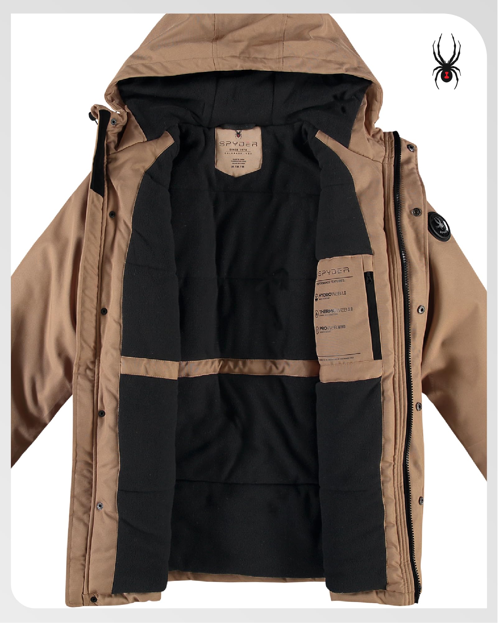 Spyder mens winter coat parka hood adjustable demonstrates customizable warmth on windy days.