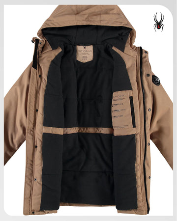 Spyder mens winter coat parka hood adjustable demonstrates customizable warmth on windy days.