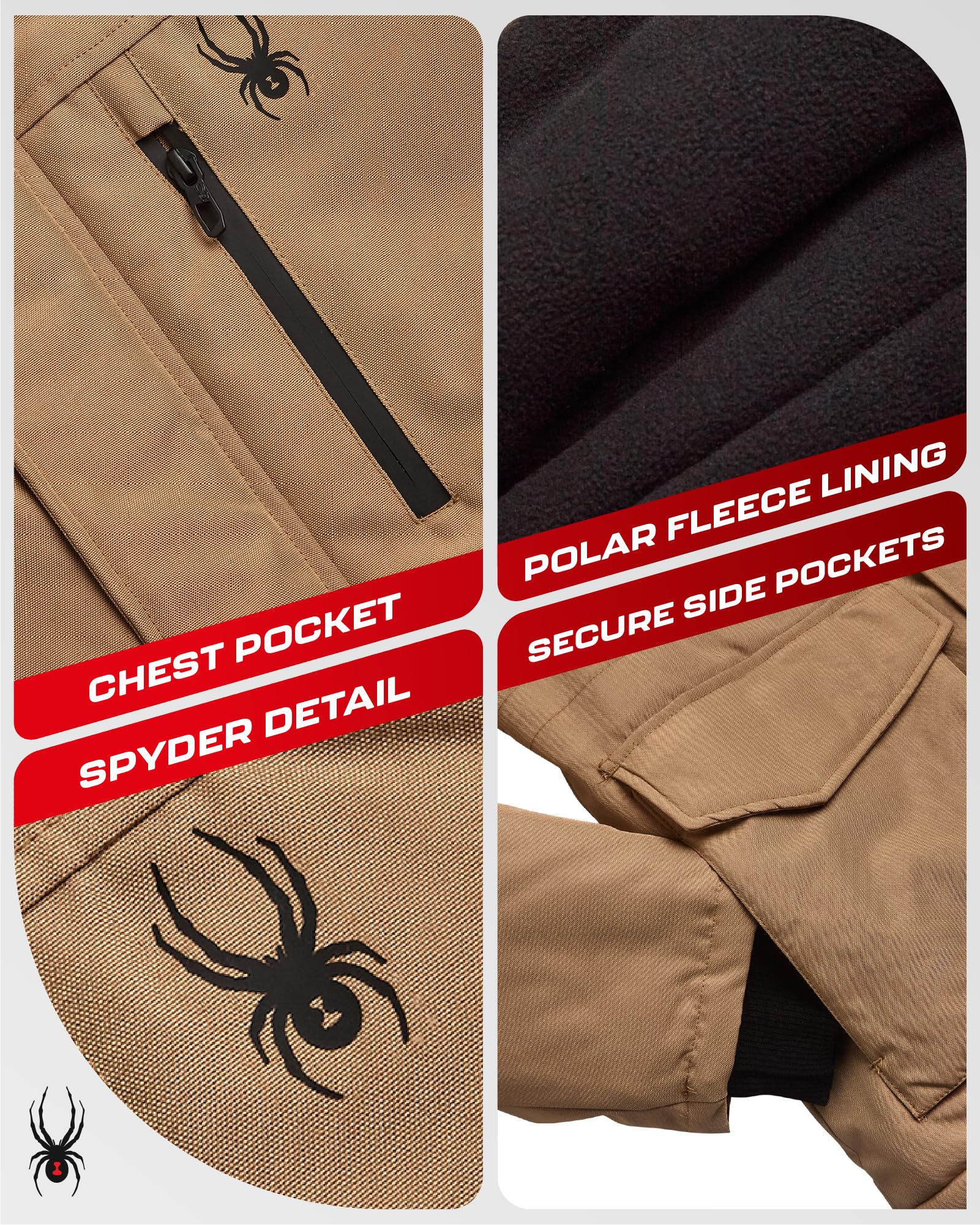 Spyder mens winter coat parka side pocket shows convenient storage on commutes.