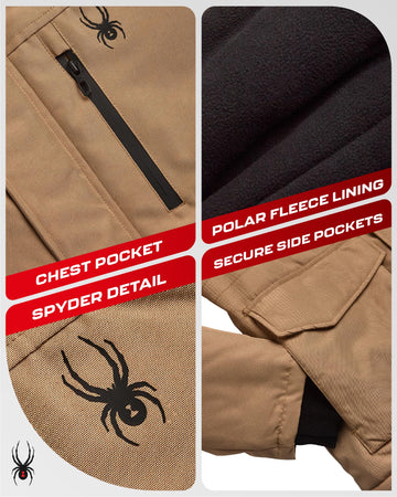 Spyder mens winter coat parka side pocket shows convenient storage on commutes.