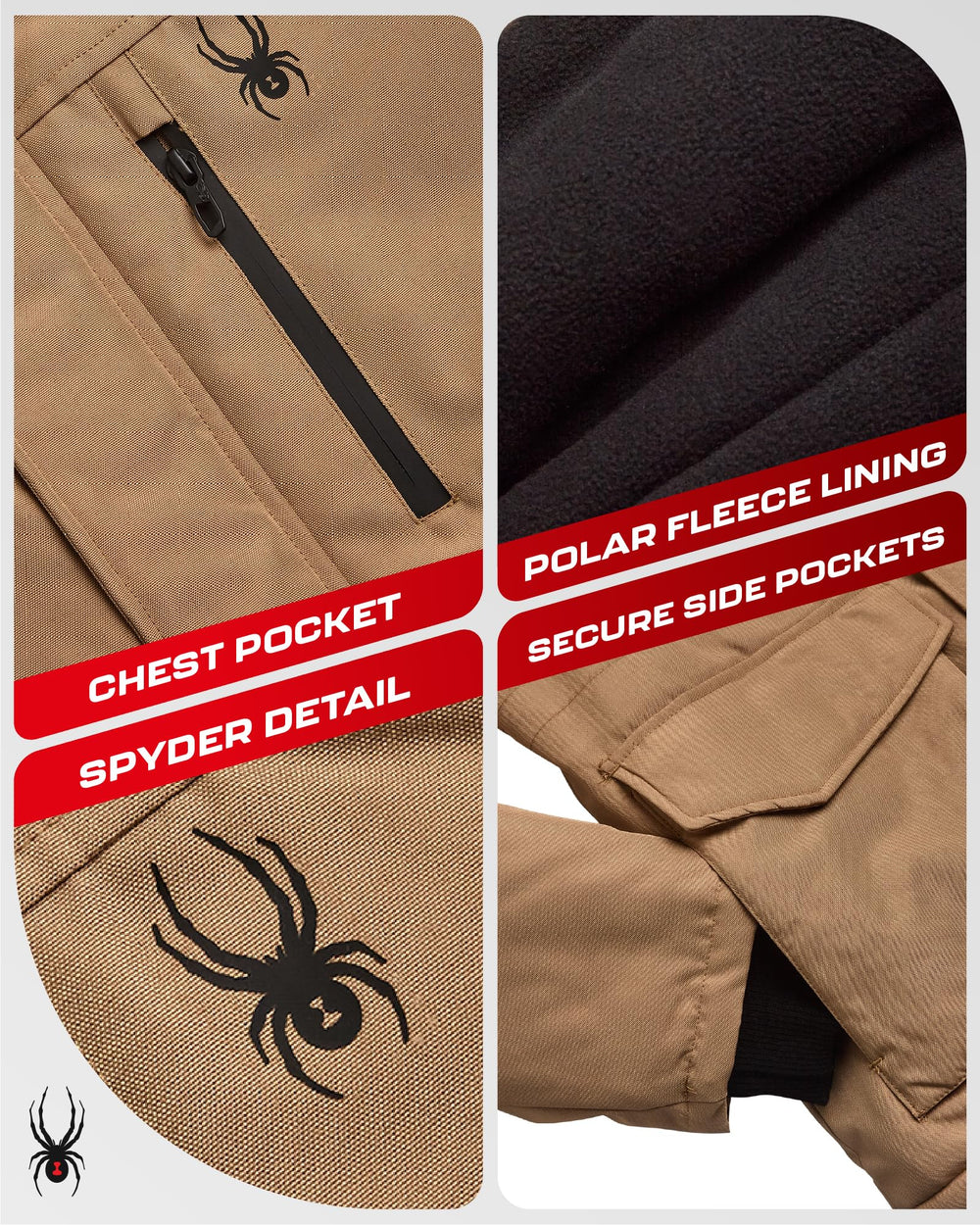 Spyder mens winter coat parka side pocket shows convenient storage on commutes.