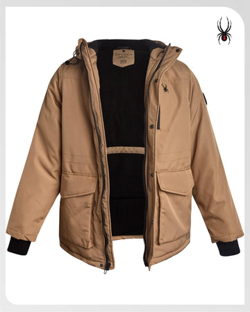 Spyder mens winter coat parka waterproof zippers protect valuables during wet commutes.