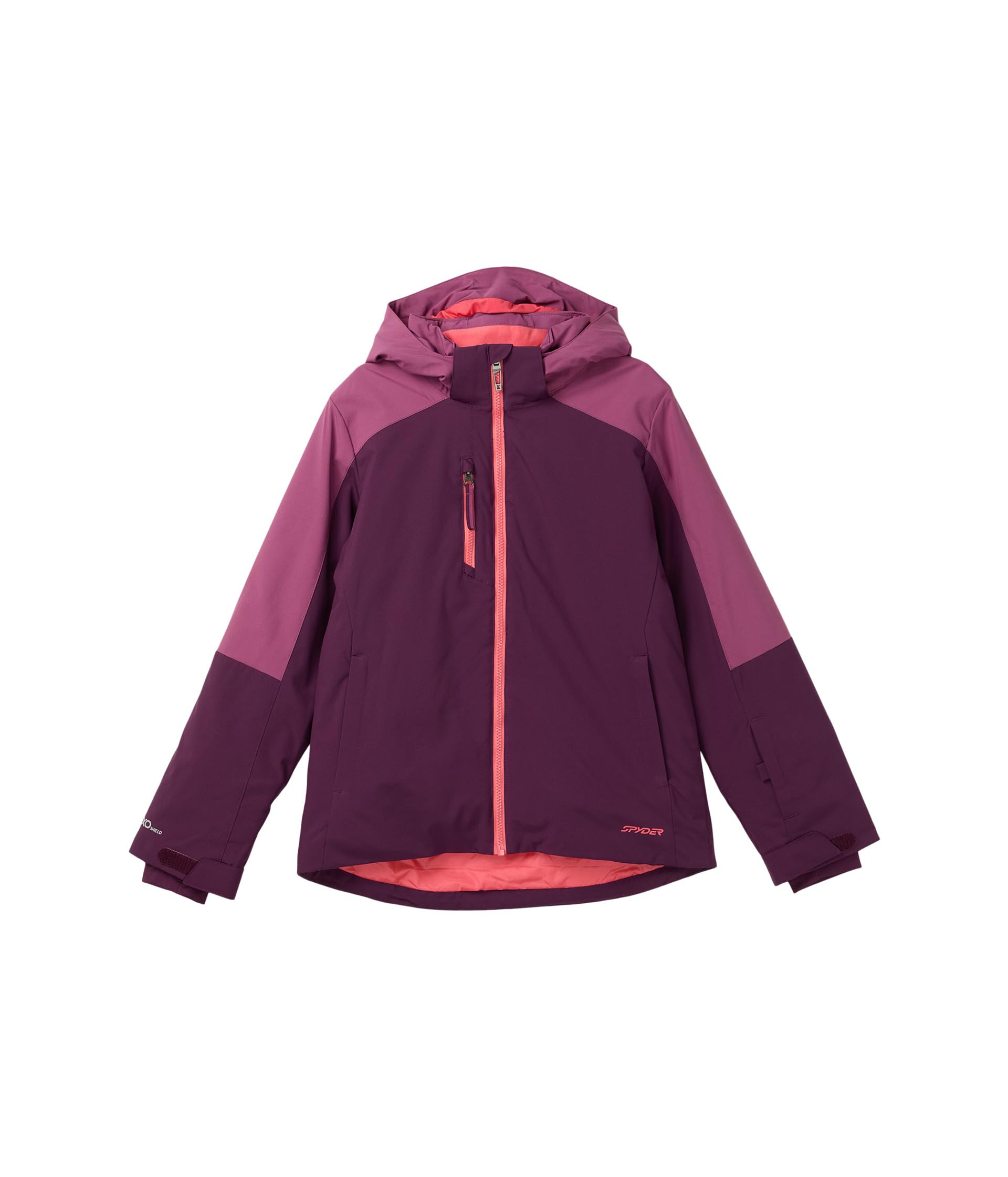 Spyder Mila Jacket plum front view, weather-ready design for active kids