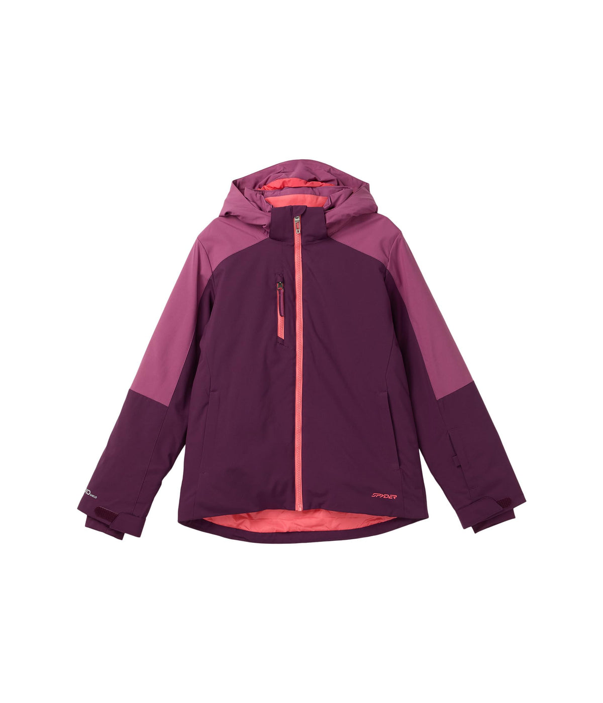 Spyder Mila Jacket plum front view, weather-ready design for active kids