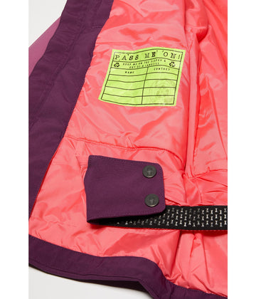 Spyder Mila Jacket plum hood detail, removable helmet-compatible hood for windy days