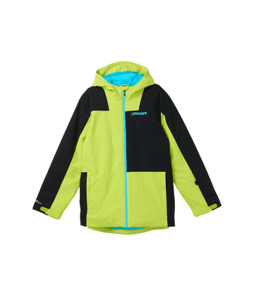 Spyder Slash Jacket big kid lime front view shows a flexible shell for active winter days