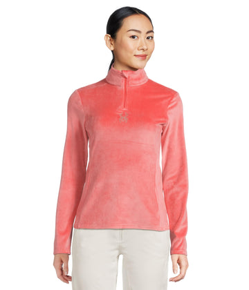 Spyder Shimmer Bug 1/2 Zip front view in Coral Haze showing soft stretch velour fleece comfort