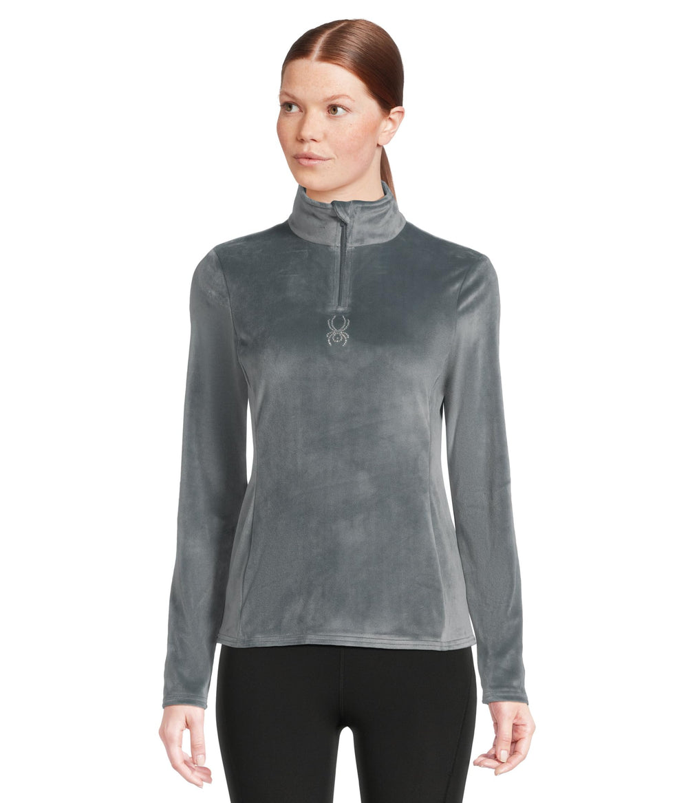 Spyder Shimmer Bug 1/2 Zip slate blue front view shows cozy fleece