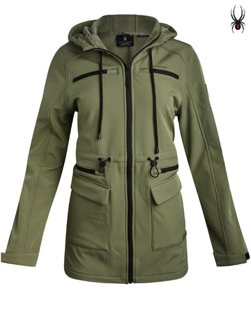 Spyder softshell jacket with adjustable hood offers secure coverage in changing weather.