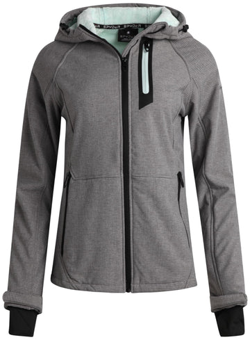 Spyder women's softshell jacket hood zipper close-up highlights weather-ready design and water resistance.