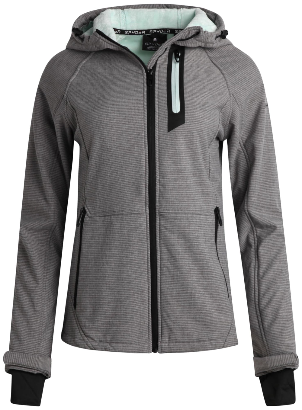 Spyder women's softshell jacket hood zipper close-up highlights weather-ready design and water resistance.