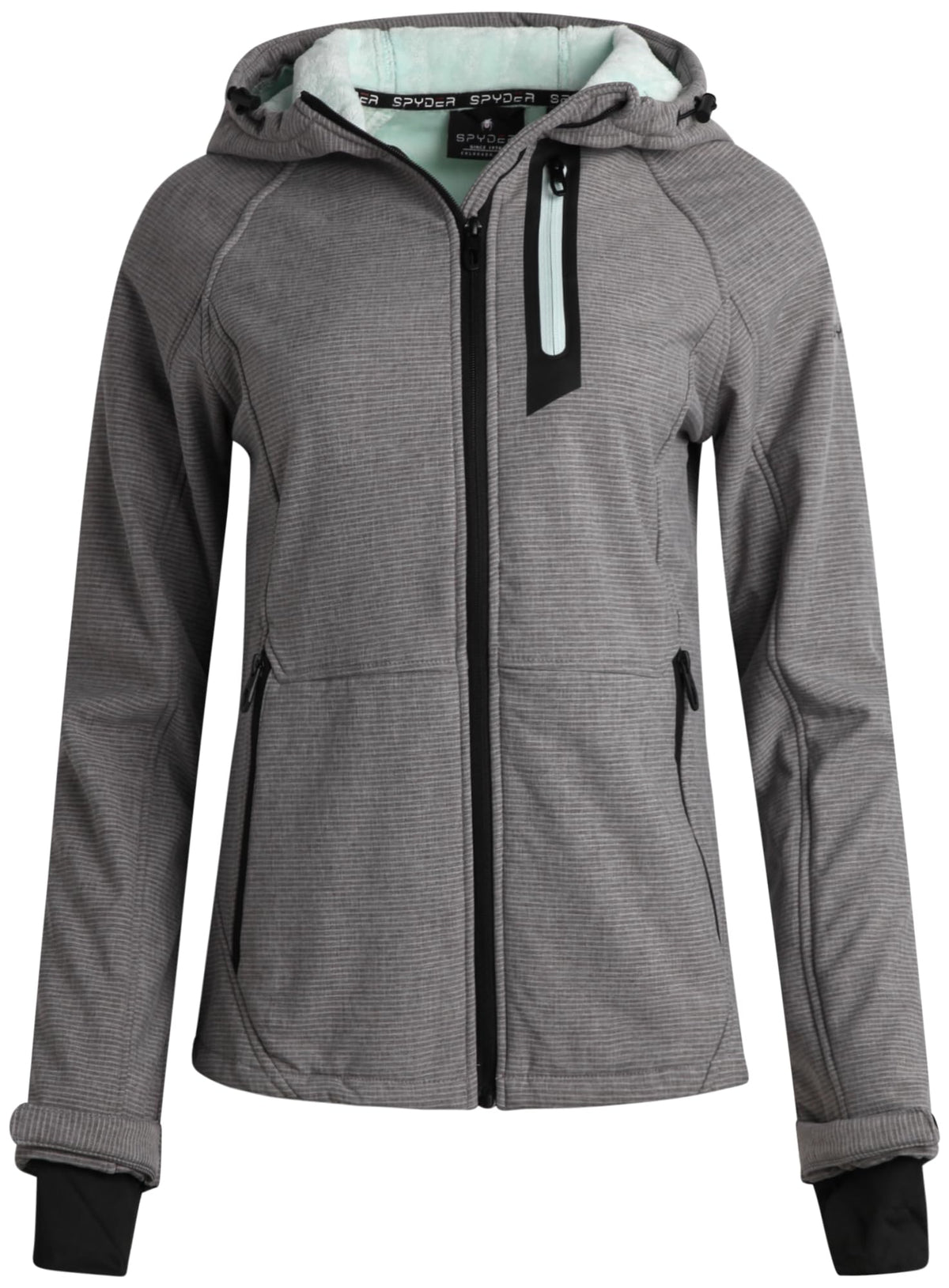 Spyder women's softshell jacket hood zipper close-up highlights weather-ready design and water resistance.