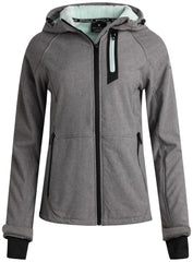 Spyder women's softshell jacket hood zipper close-up highlights weather-ready design and water resistance.
