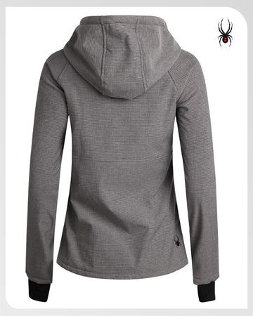 Spyder softshell jacket stretch seams enable comfortable mobility in outdoor activities.