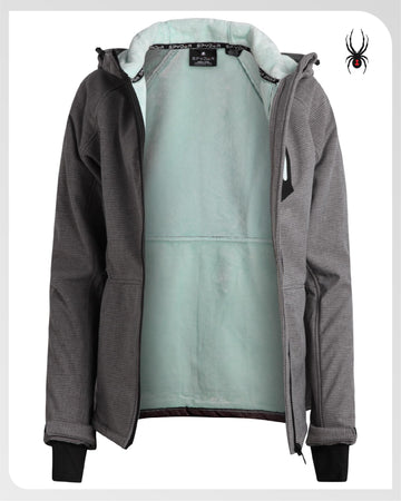 Spyder women's softshell jacket waterproof zipper detail showcases durable rain protection for city days.