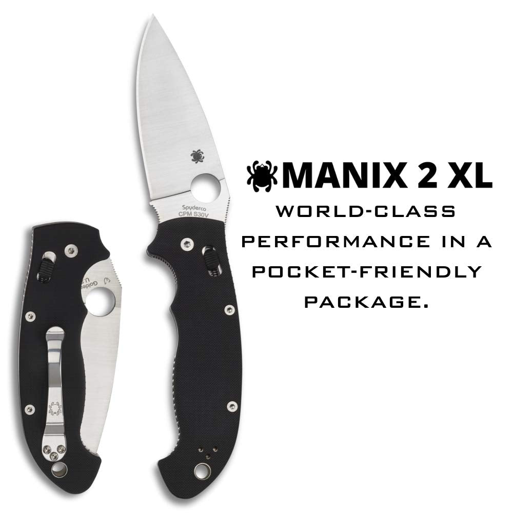 Spyderco Manix 2 shows textured G-10 handle for secure, glove-friendly grip.
