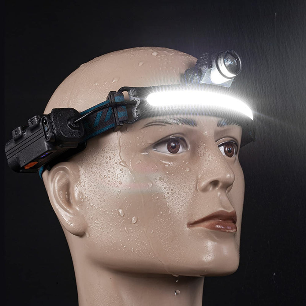 Spyminnpoo COB headlamp side view highlights compact, portable design for travel.