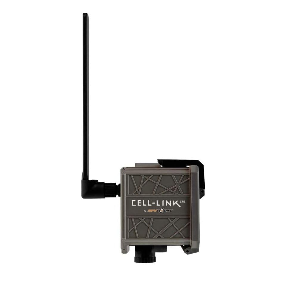 SPYPOINT Cell-Link compact adapter attached to a trail camera for cellular image transmission.