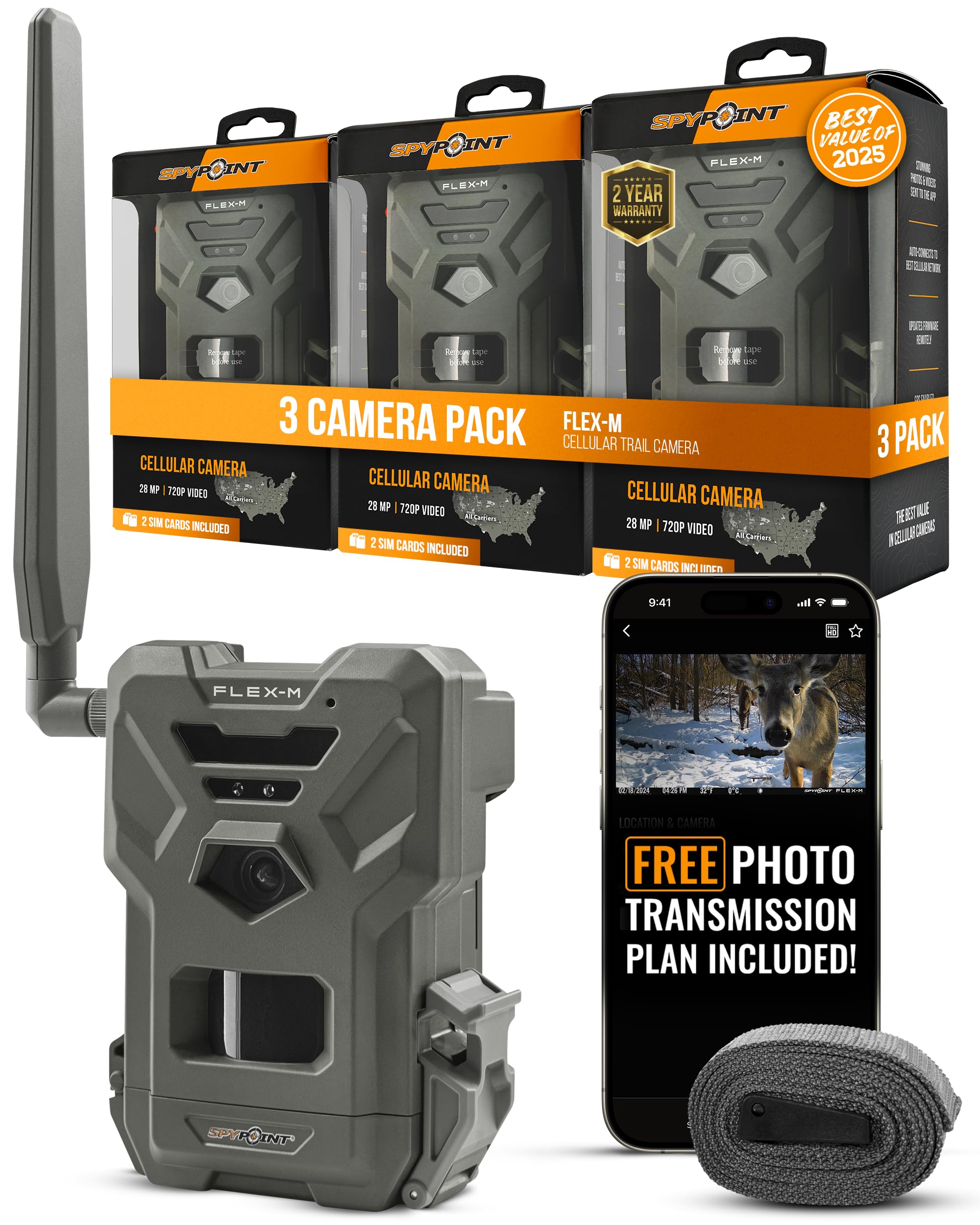 SPYPOINT FLEX-M 3-pack front view for versatile hunting camera setups.