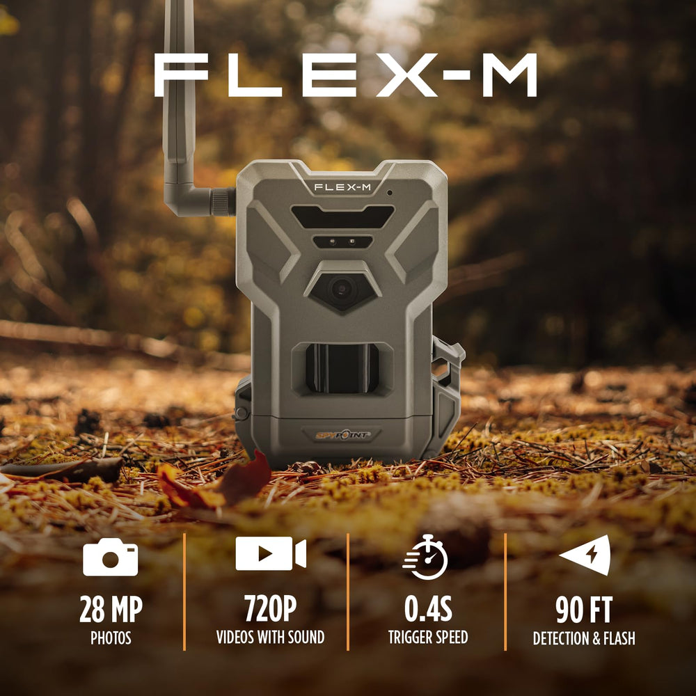 SPYPOINT Flex-M IP65 image emphasizes weatherproof durability against rain and dust.