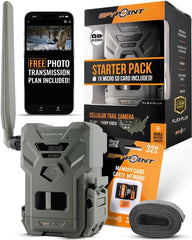 SPYPOINT Flex-Plus Starter Pack camera front view highlights extended battery life for cellular scouting.