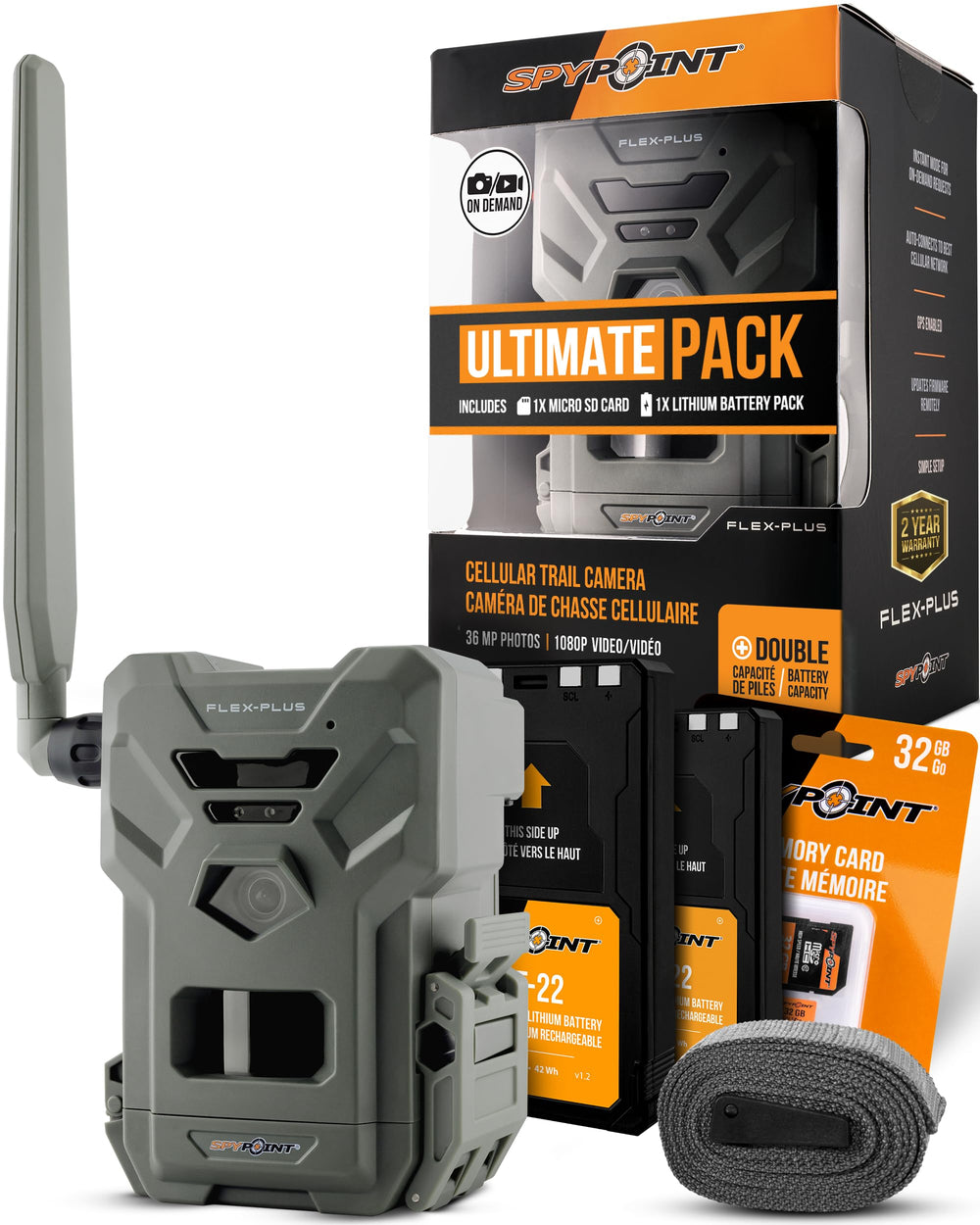 SPYPOINT Flex-Plus Ultimate Pack front view showing rugged build for field use with long battery life.