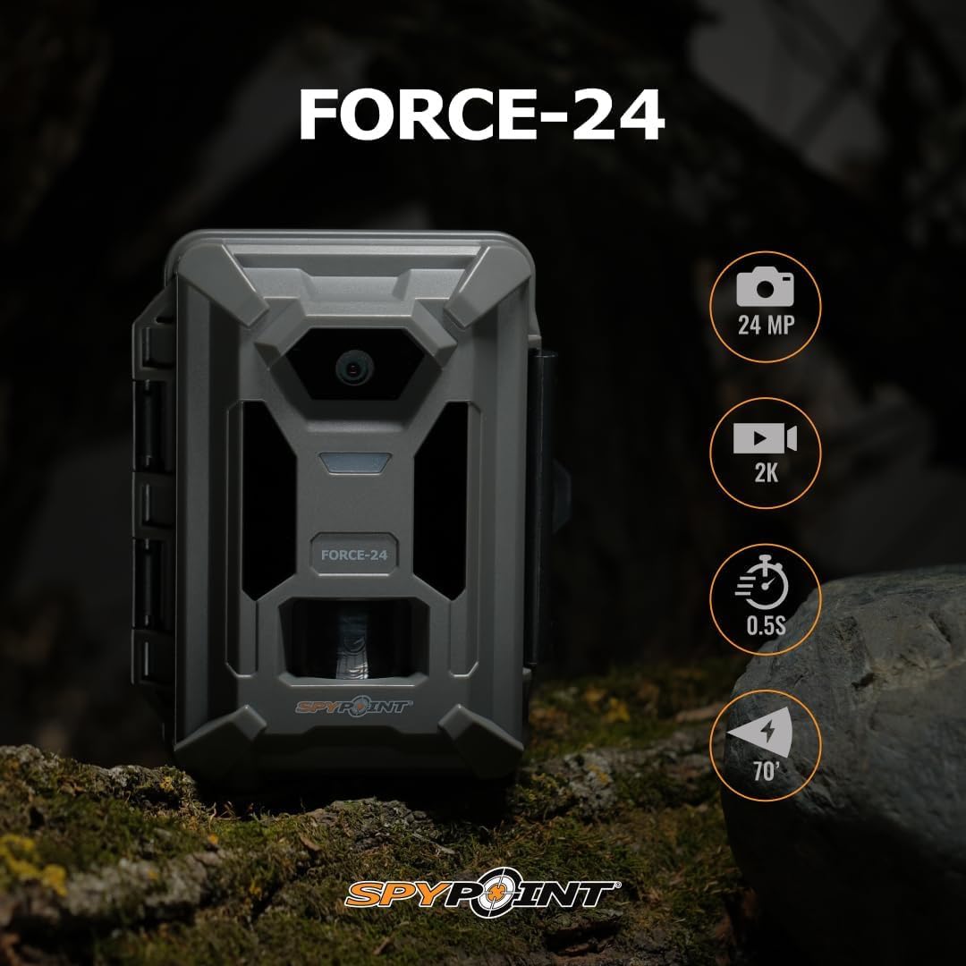 SPYPOINT Force-24MP trail camera side setup shows compact placement for field monitoring.