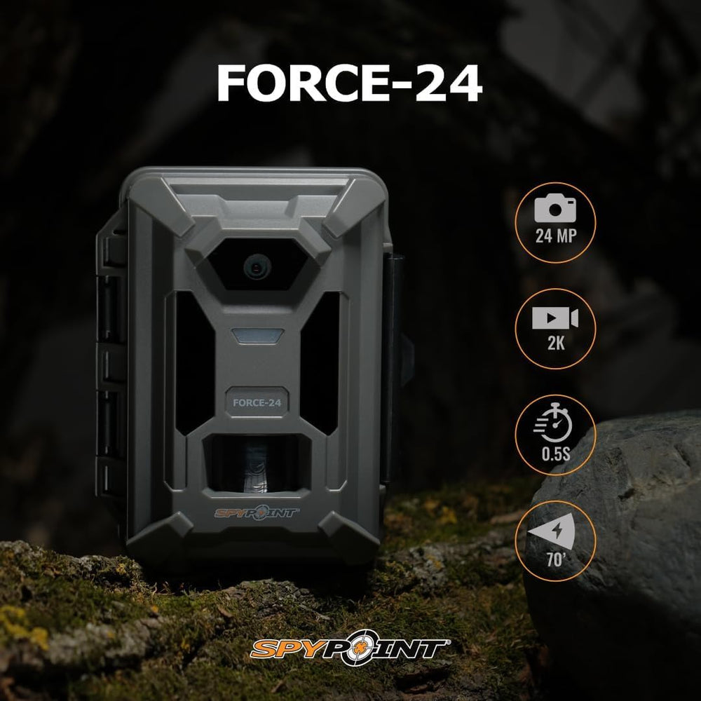 SPYPOINT Force-24MP trail camera side setup shows compact placement for field monitoring.