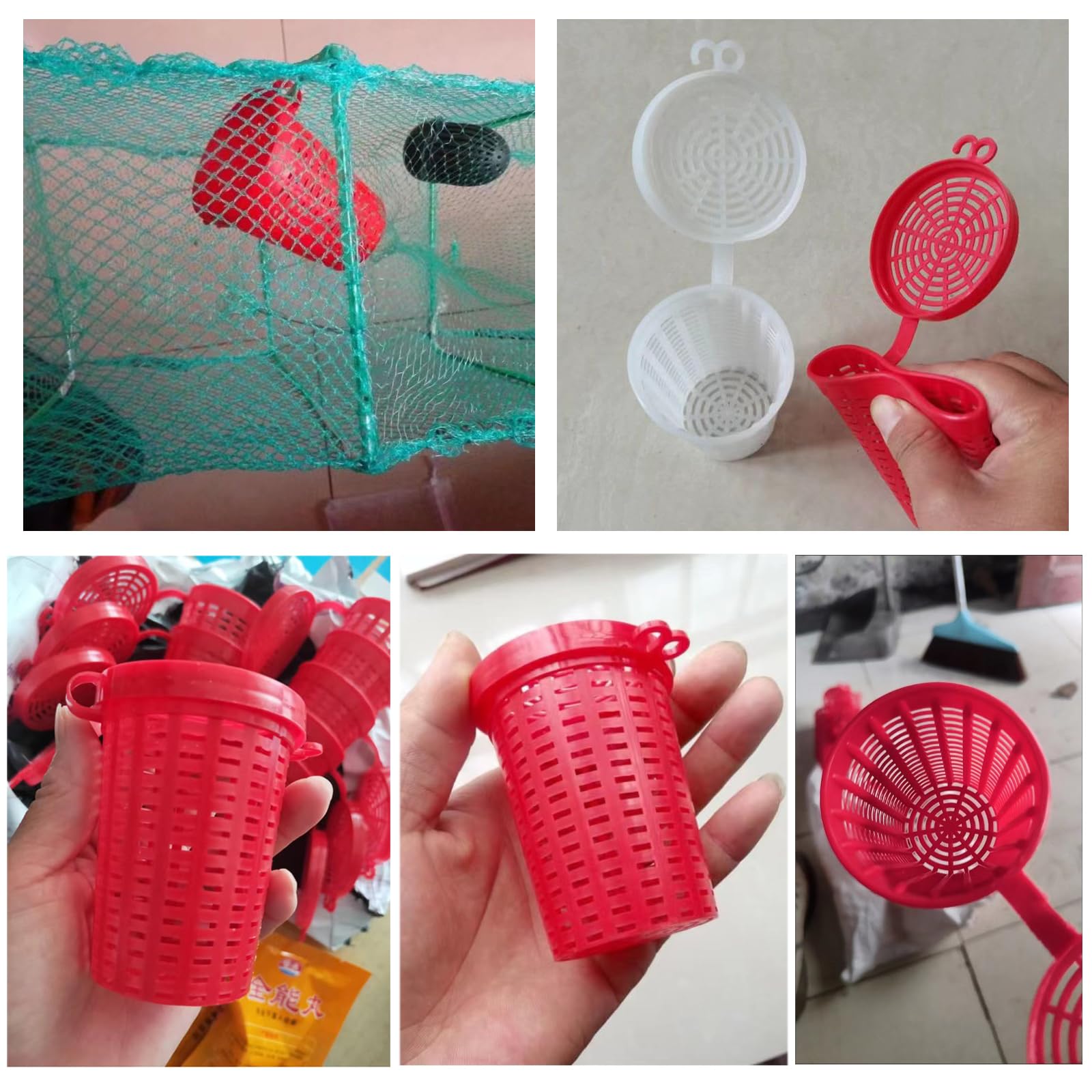 Red and white bait cages for fishing in a plastic basket