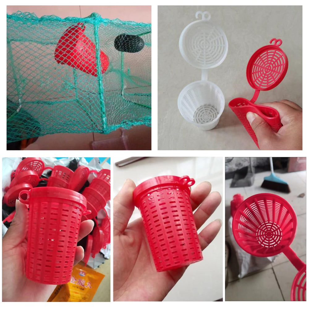 Red and white bait cages for fishing in a plastic basket