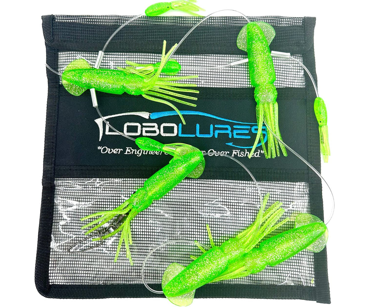 SquidNation Game Fish Mini Flippy Floppy Daisy Chain in Green Sparkle, ideal for tuna trolling.