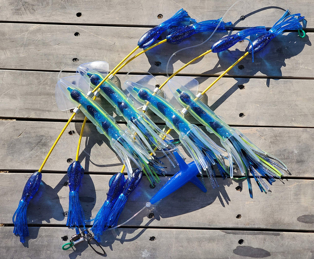 Squidnation long tail flippy floppy daisy chain attracts tuna and marlin with lifelike movement.