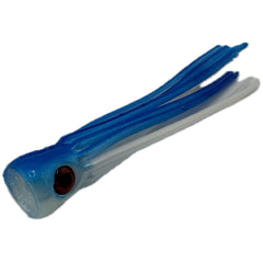 Squidnation Slammer Chugger blue-silver lure showing chugger action while trolling.