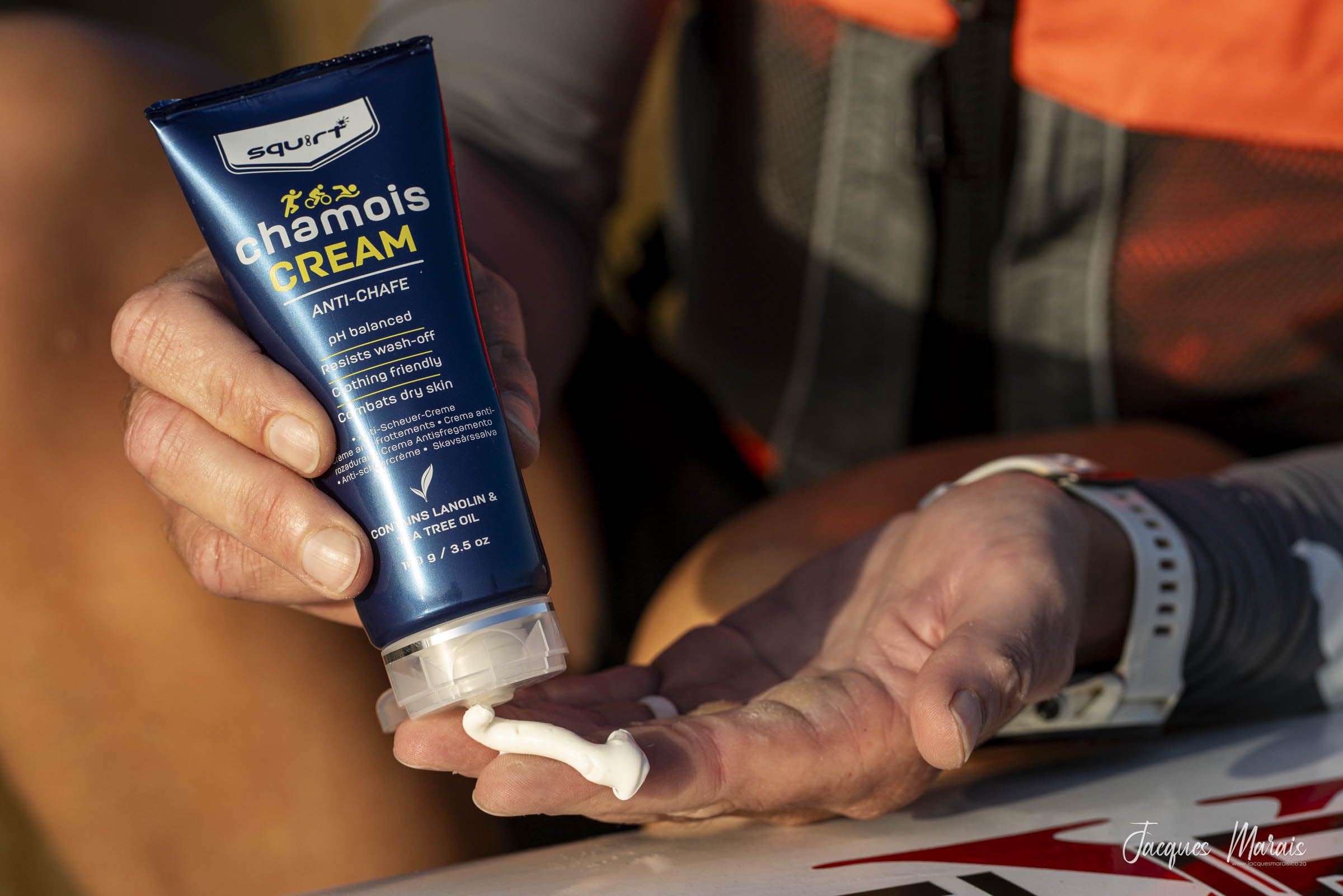 Closeup of applying Squirt Chamois Cream for smooth, non greasy comfort.