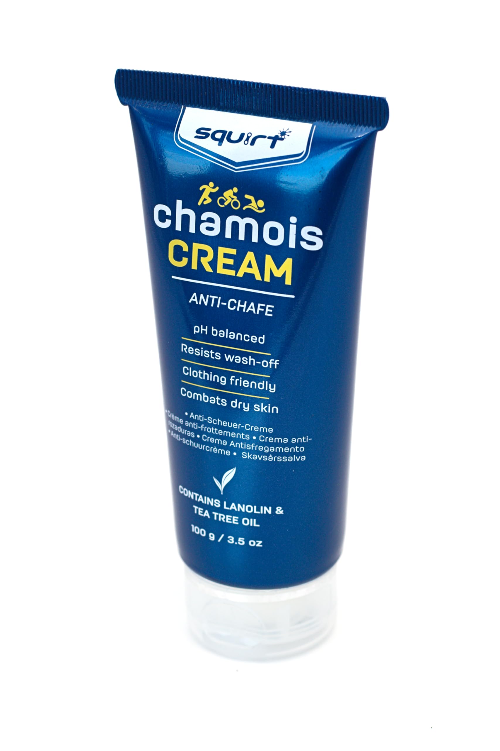 Squirt Chamois Cream featuring tea tree oil for antimicrobial protection during rides.