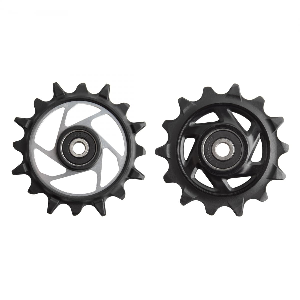 SRAM XX SL Eagle T-Type AXS upper 14t pulley for smoother shifting on rugged XC trails.