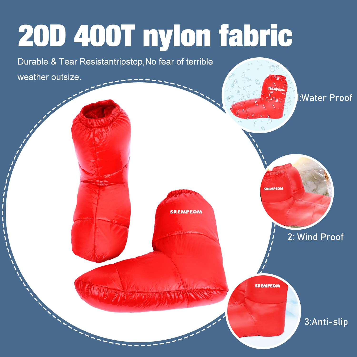 Srempeom down booties inside sleeping bag keeping feet warm