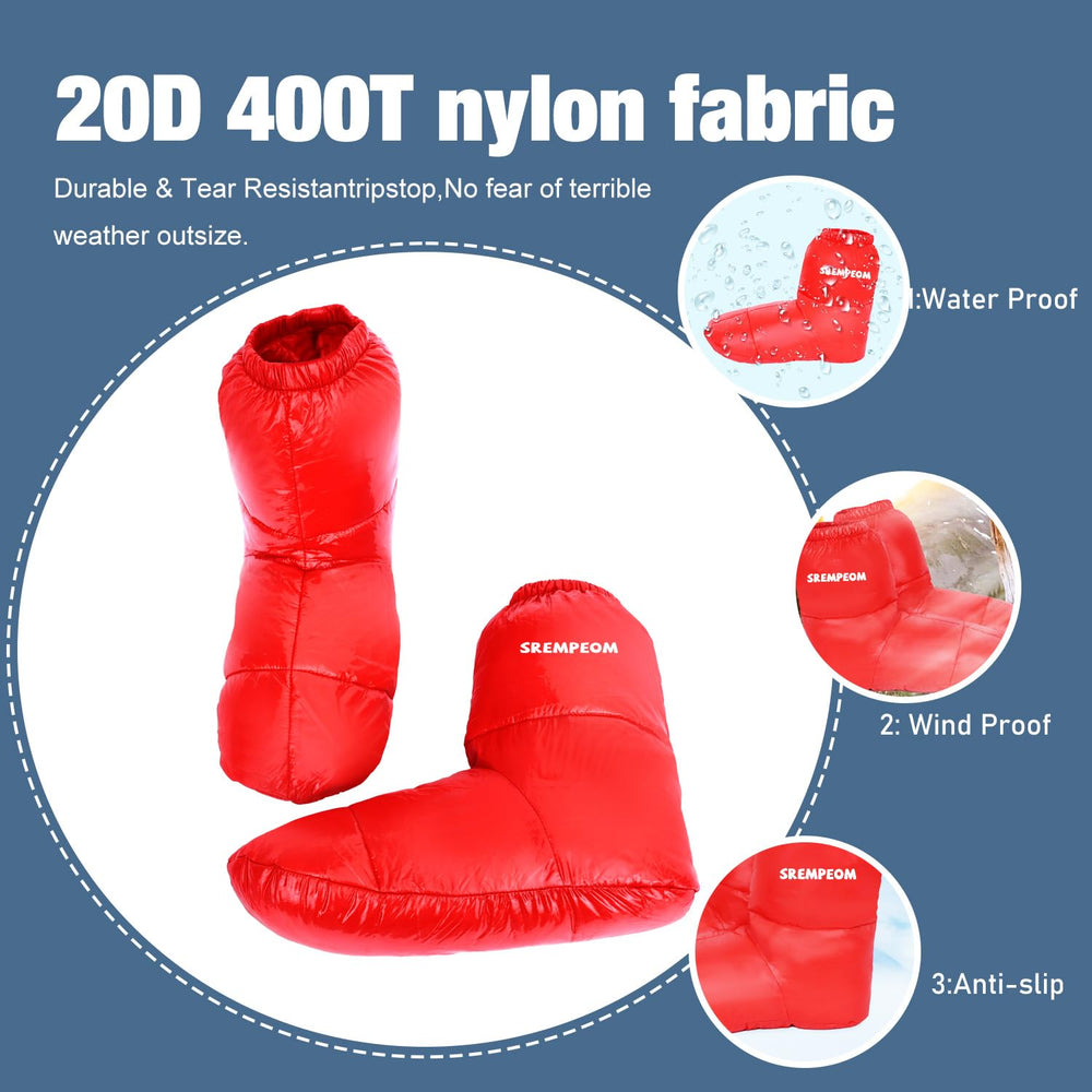 Srempeom down booties inside sleeping bag keeping feet warm