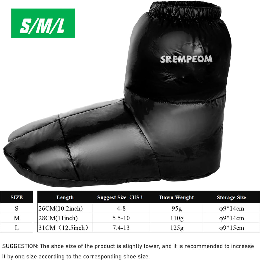 Srempeom down booties on foot deliver warm campsite comfort.