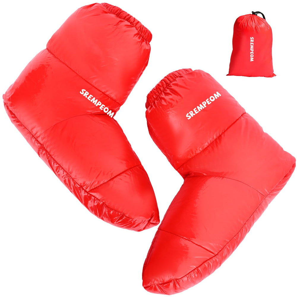 Srempeom down booties red closeup highlighting plush warmth for camping nights