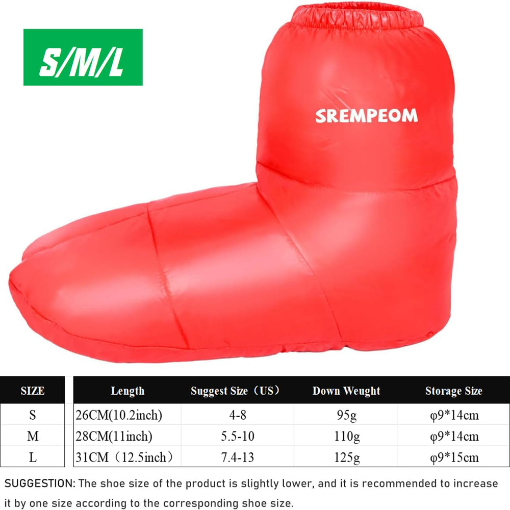 Srempeom down booties red packaged view showing compact storage and portability