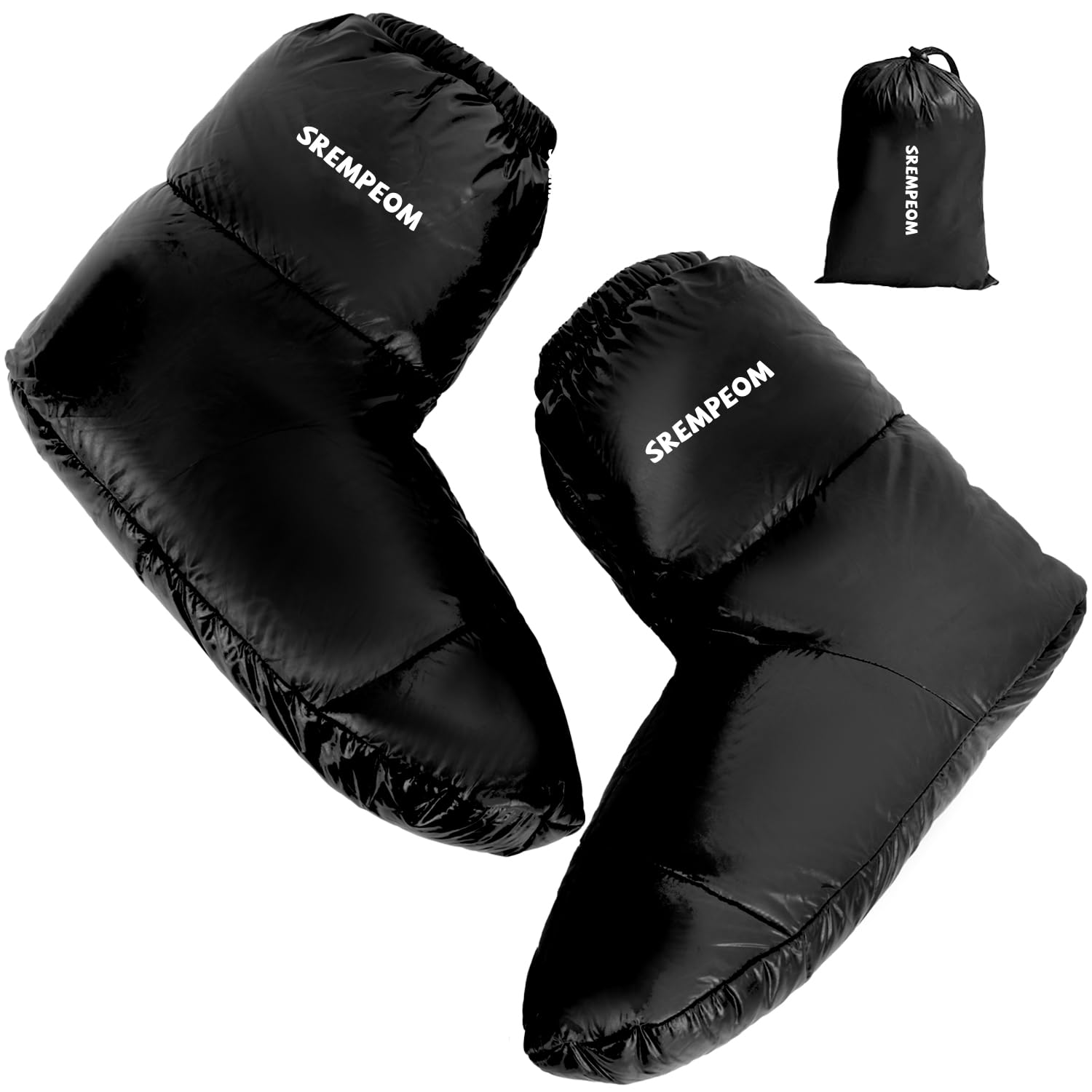Srempeom upgraded ultralight down booties packaging shows portable design.