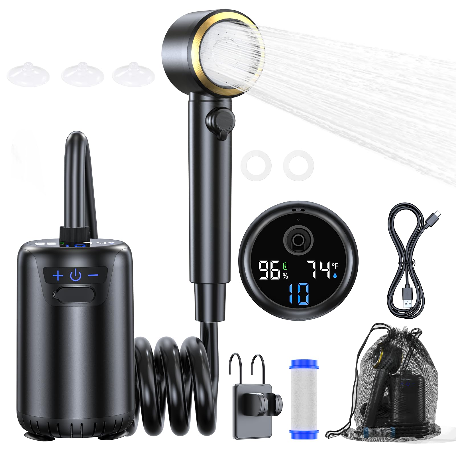SRNPMIU portable-shower-8000mah-battery highlights extended outdoor power for camping use.