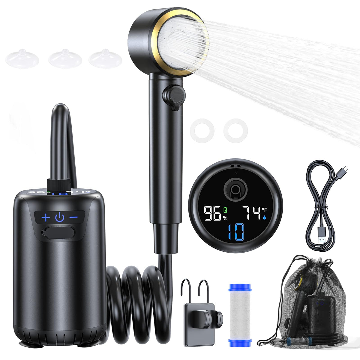 SRNPMIU portable-shower-8000mah-battery highlights extended outdoor power for camping use.