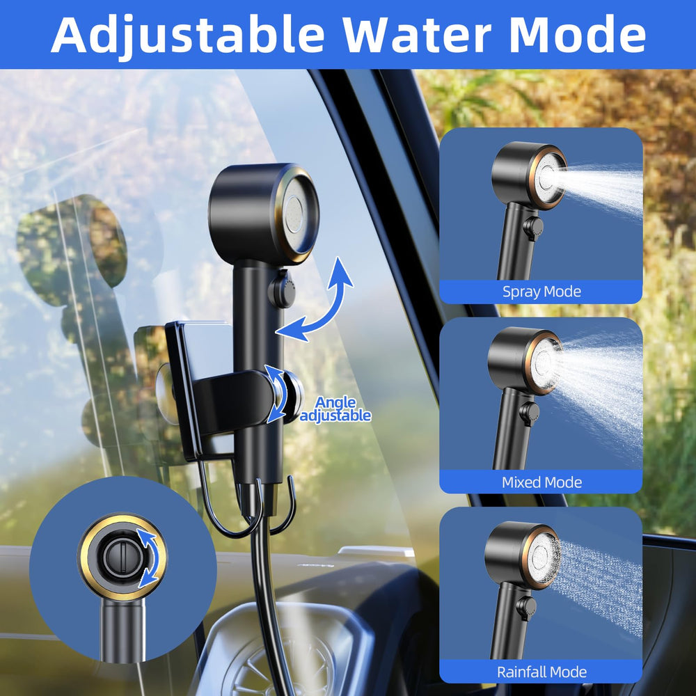 SRNPMIU portable-shower-modes demonstrates three spray options for customized rinsing.