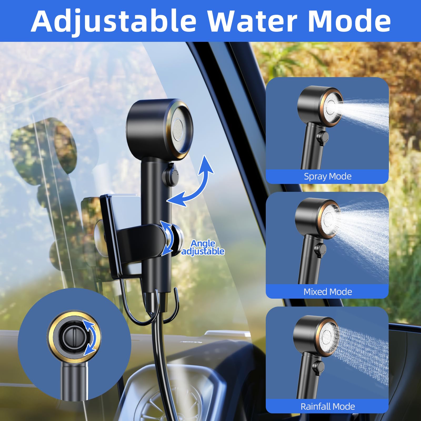SRNPMIU portable-shower-modes demonstrates three spray options for customized rinsing.