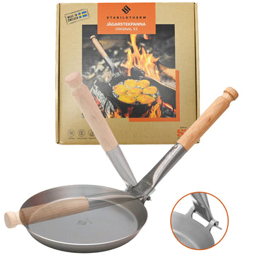 Stabilotherm jaegarstekpanna original carbon steel pan with foldable handle for outdoor cooking.